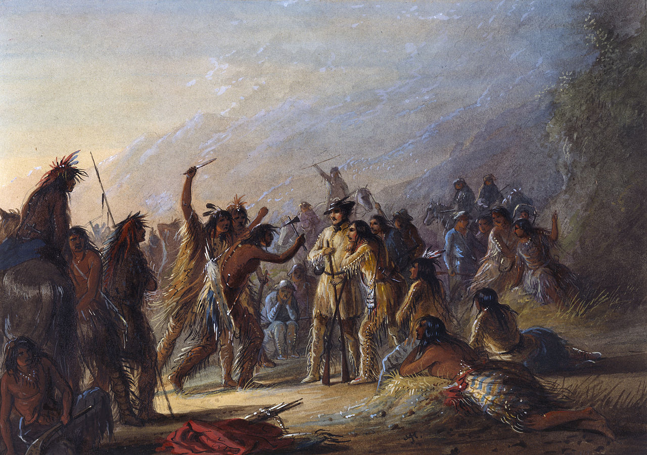 In a painting by Alfred Jacob Miller, Stewart stands his ground against Crow Indians. The Walters Art Museum.