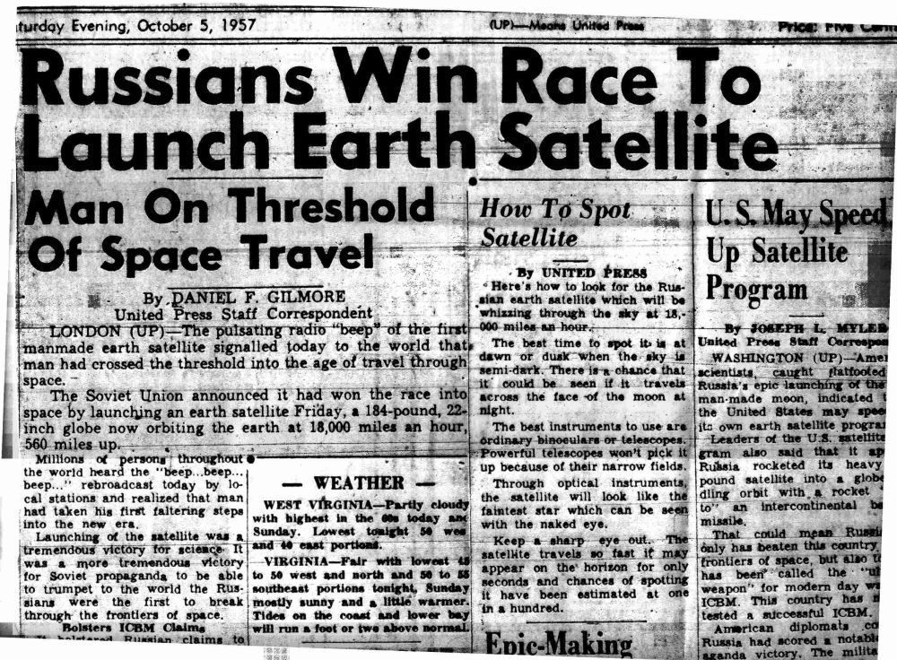 Newspaper articles on Sputnik included information on how to see it in the night sky. Courtesy of McDowell Public Library.