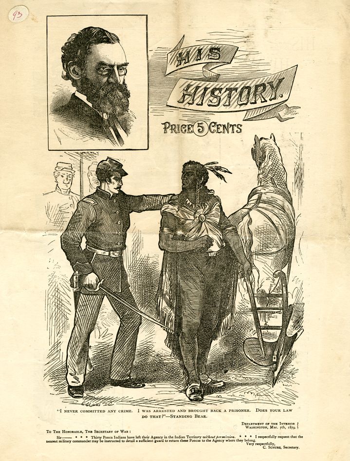 On the orders of Interior Secretary Carl Schur (upper left), Gen. Crook was ordered to arrest Chief Standing Bear and return him to the Ponca reservation. "I  never committed any crime," argued Standing Bear. [But] I was arrested and brought back a prisoner.