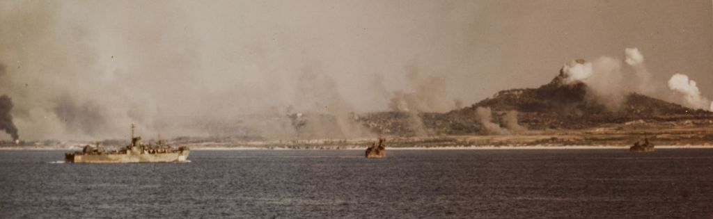 American troops stormed ashore on Ie Jima island on April 16, 1945 as part of the Battle of Okinawa nearby. Fighting was fierce for the next week. U.S. Navy. 